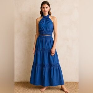 MISA Los Angeles Campos Tiered Maxi Skirt Blue NWT Size M